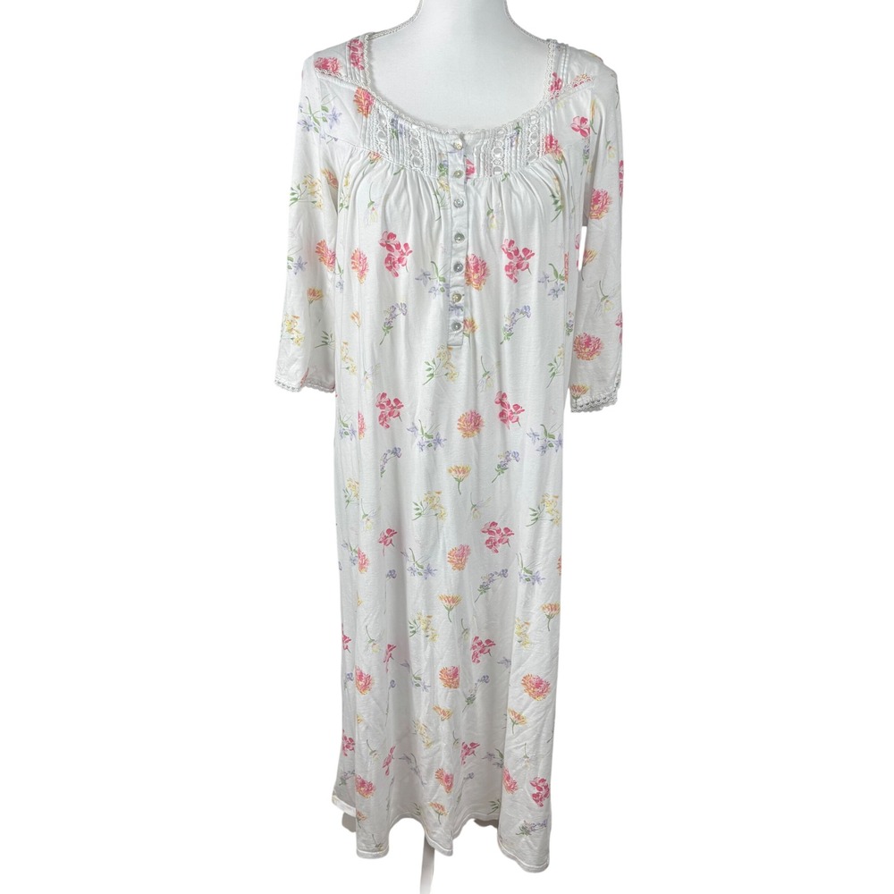 Lanz of Salzburg Womens Floral Cotton Nightgown White Pink Lace Trim Maxi Sz XS